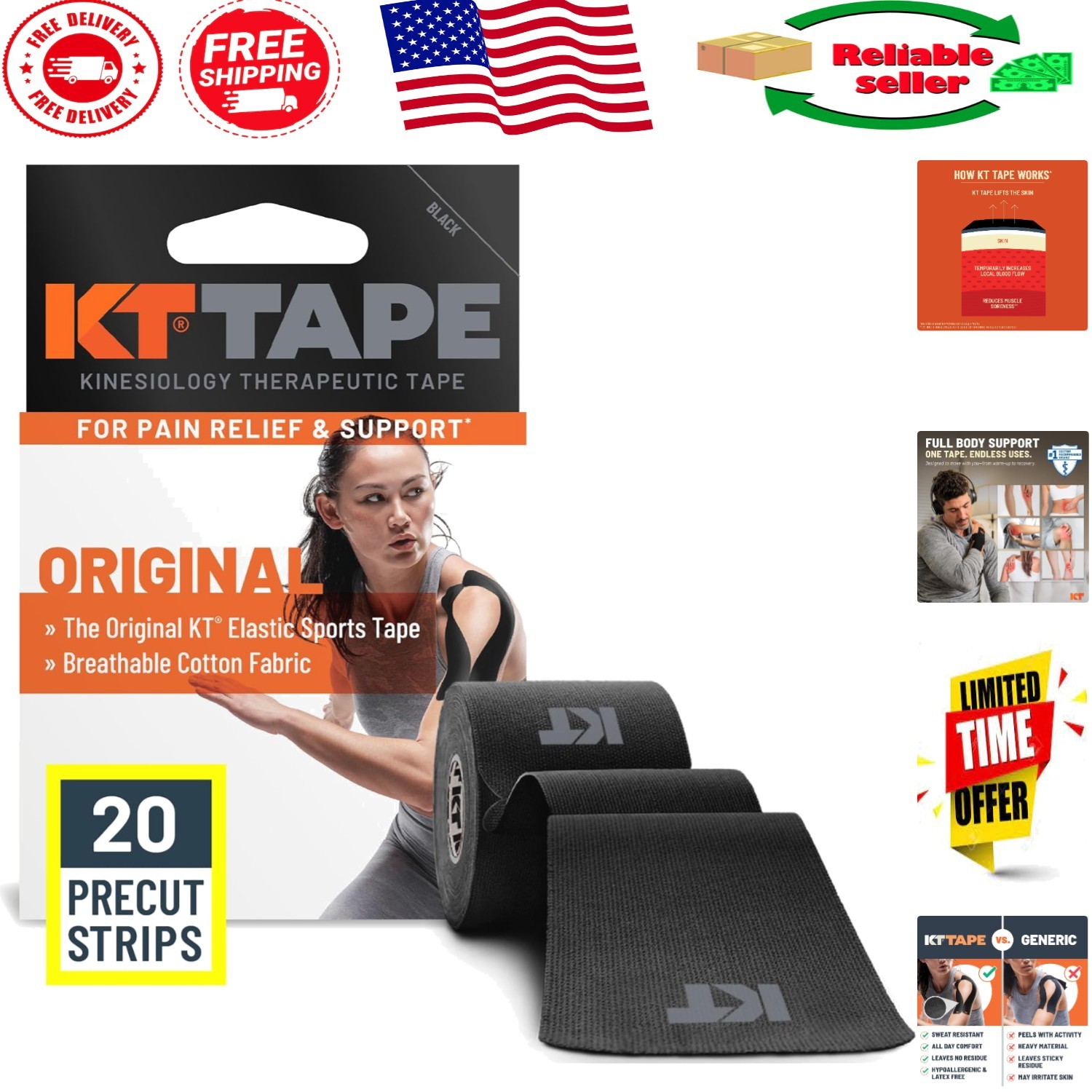 Durable Elastic Kinesiology Tape – Black, 10″ Precut Strips for Muscle Support