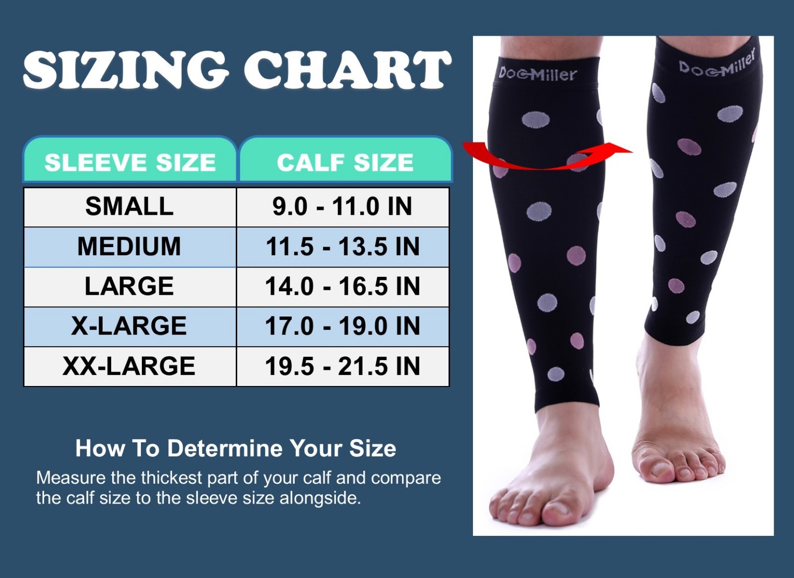 Doc Miller Calf Compression Sleeve 1Pair 20-30mmHg Varicose Polka Dot BLK/PNKWHT