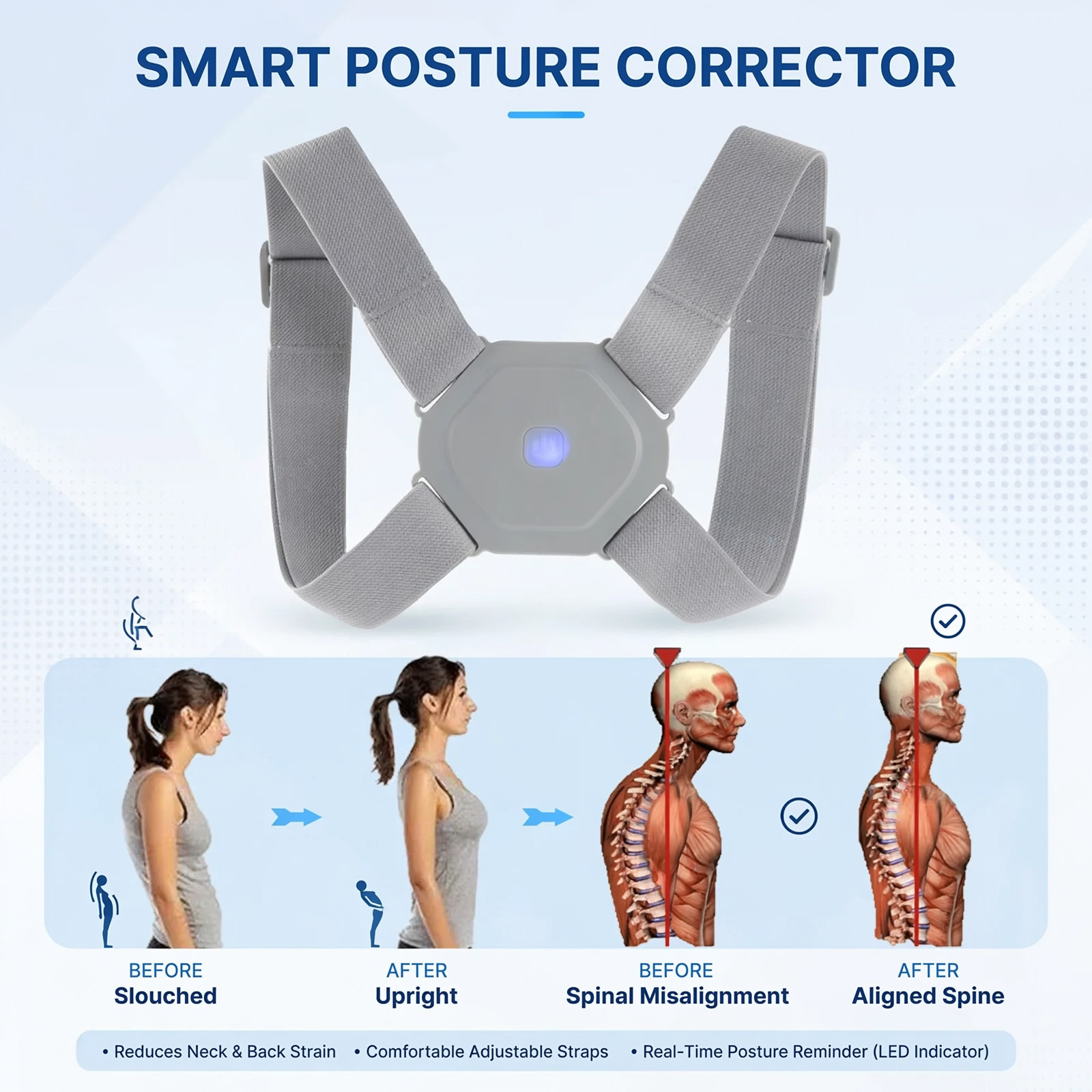 Smart Vibrating Posture Corrector Sensor Back Brace Adjustable Alignment Trainer