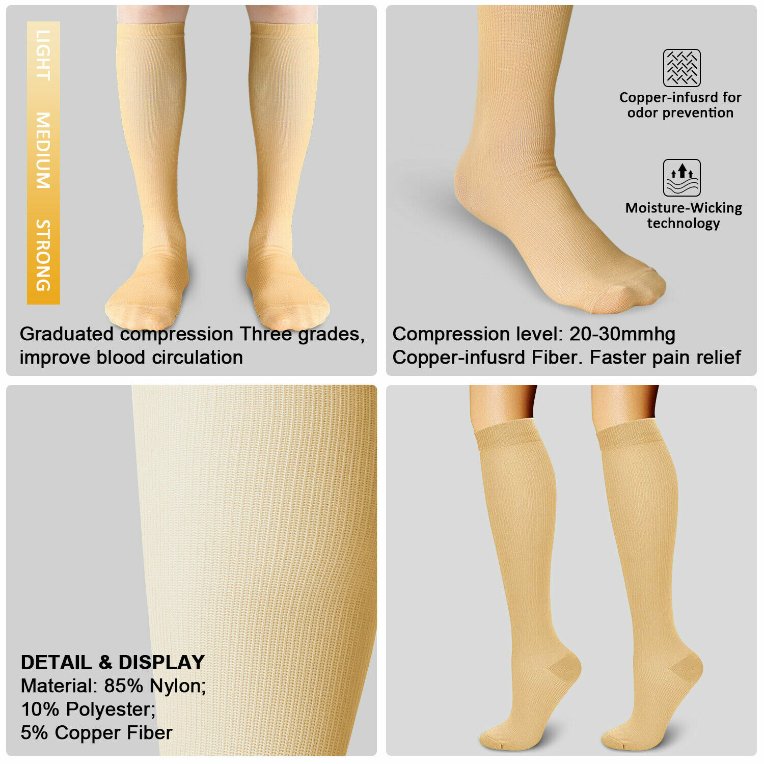 3 Pairs Compression Socks Wide Calf, Nylon + Spandex Knee High Support Stockings