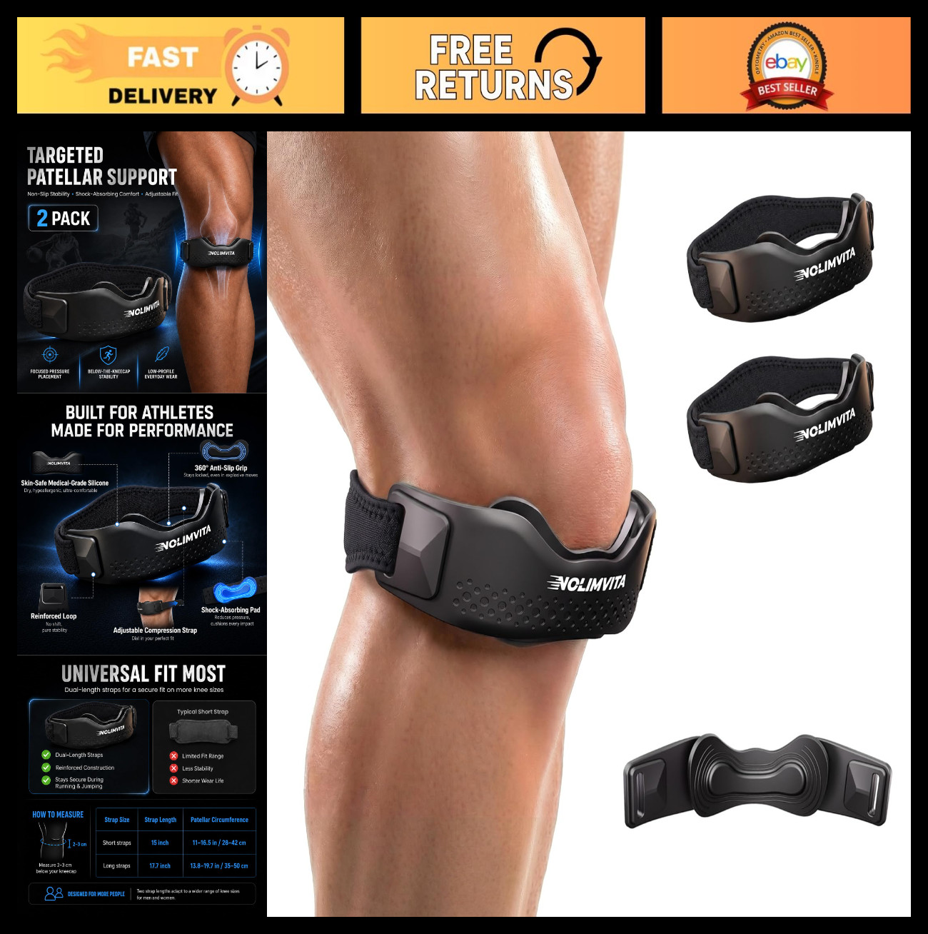 Adjustable Patellar Tendon Support Strap – 2 Pack Knee Brace for Jumper’s Knee,