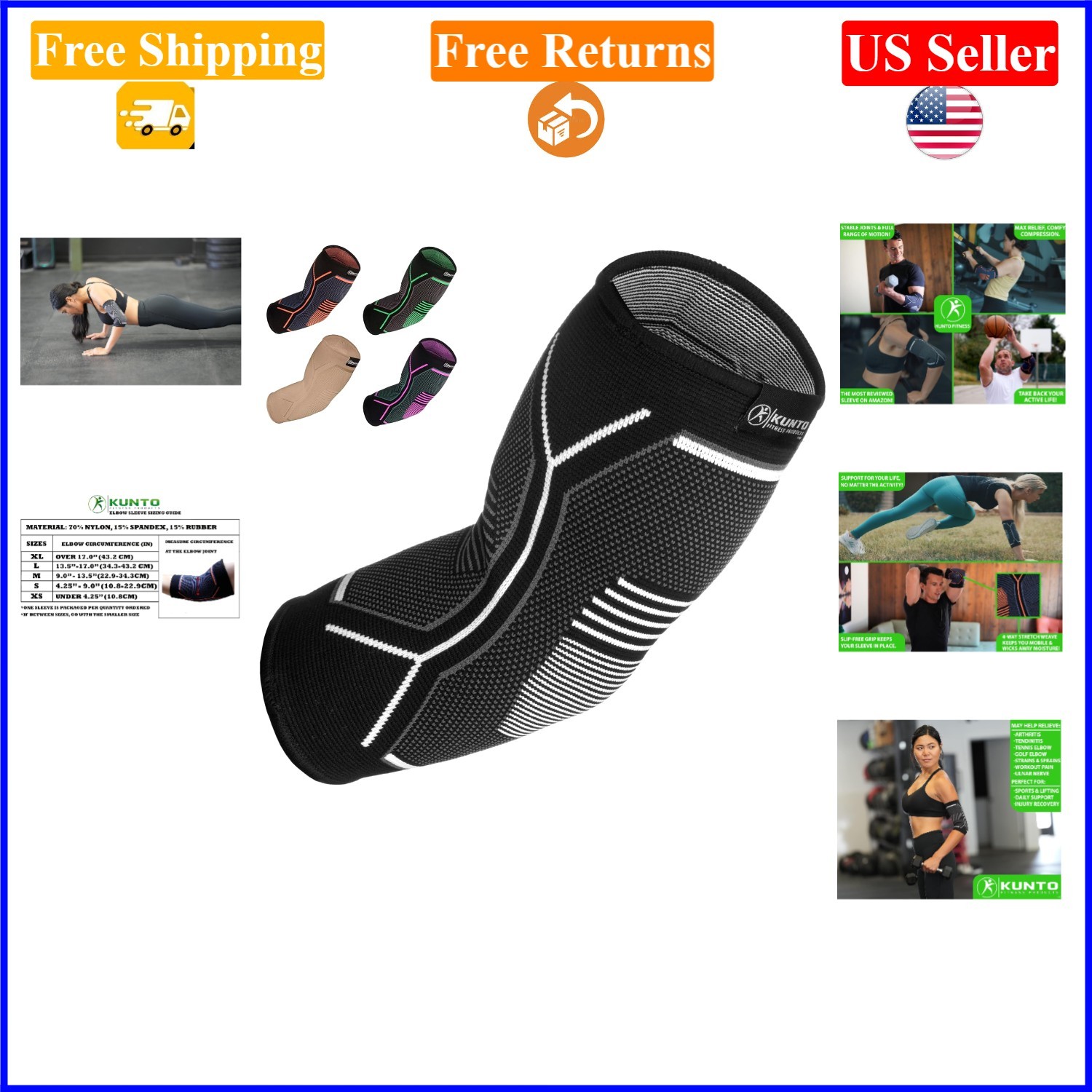 Kunto Fitness Elbow Brace Compression Sleeve – White-Gray, Medium, Supports T…