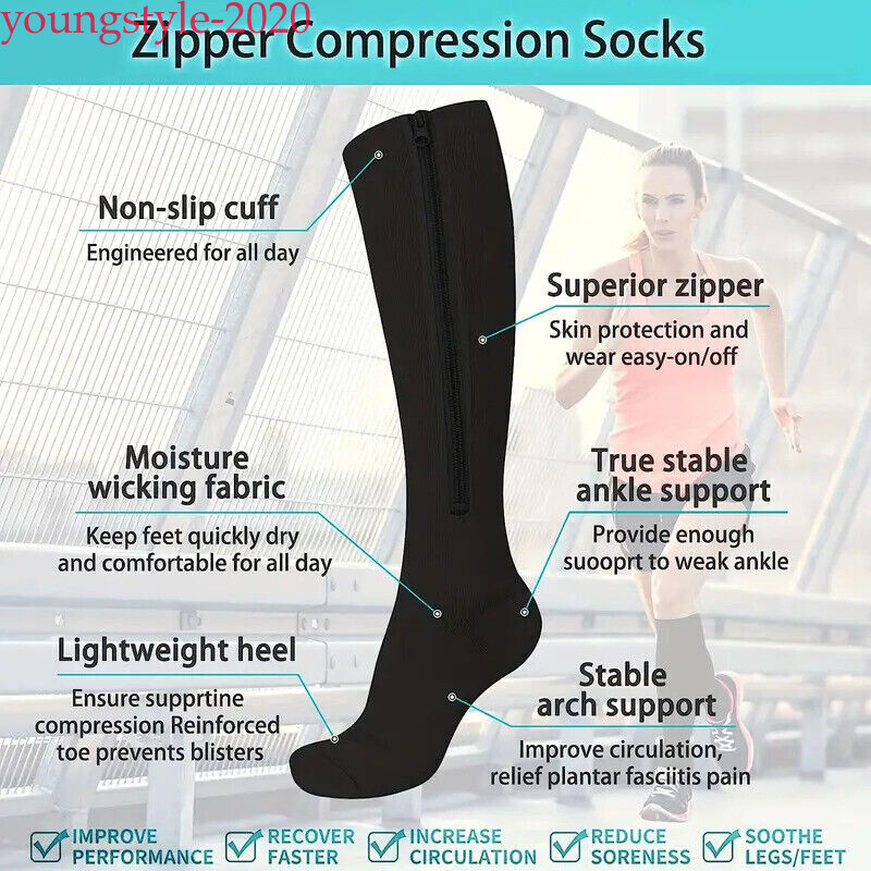Zip-Up Compression Socks 20-30 mmHg Knee-High Unisex Leg Calf Support Stockings