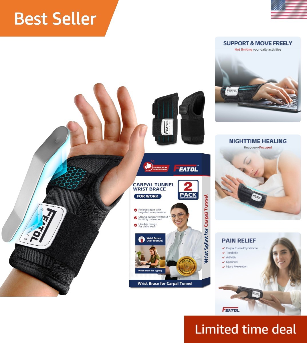 2 Pack Carpal Tunnel Wrist Brace For Work With Wrist Splint, 6.5” Wrist Brac…