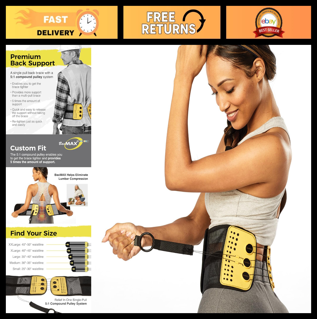 Adjustable Back Brace for Lumbar Support – 5-to-1 Compression, Pain Relief, Scia