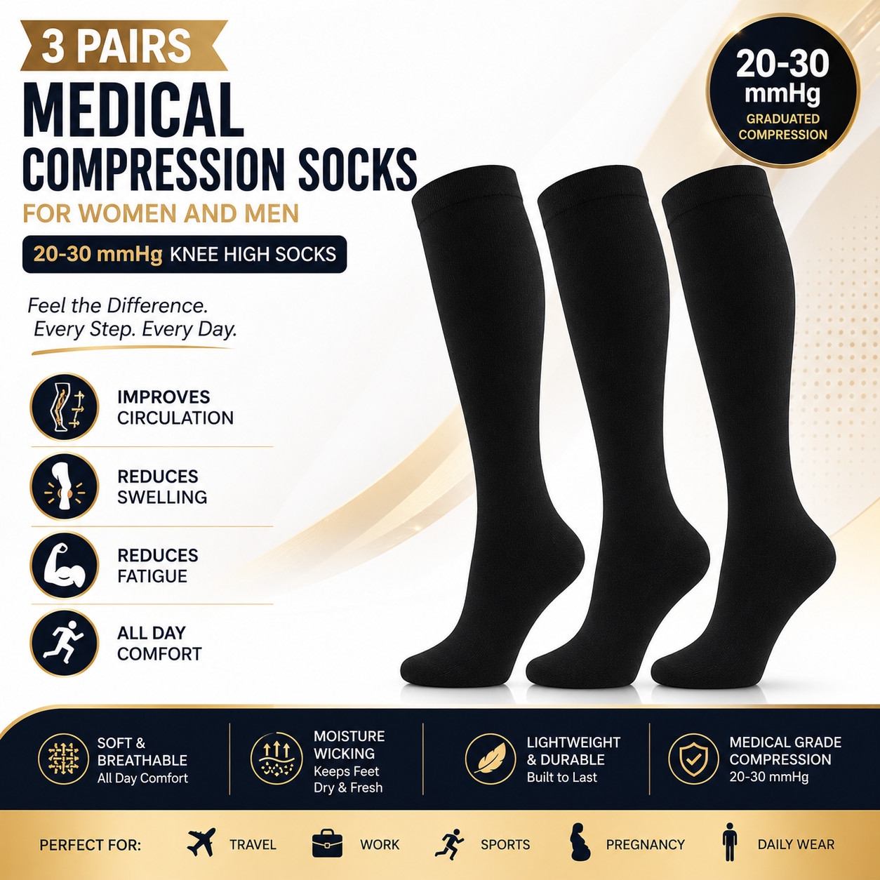 3Pairs Compression Socks Medical Support Stockings 20-30mmHg Men Women