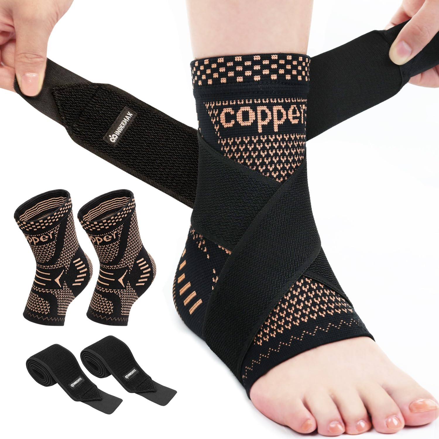 Ankle Brace 2 Pack Copper Infused Compression Sleeve for Pain Relief & Support