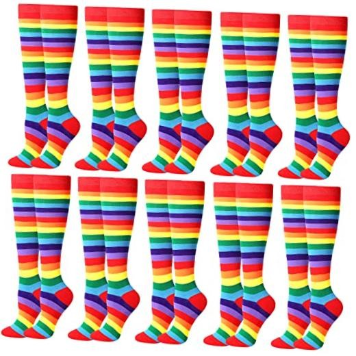 10 Pairs Rainbow Striped Knee High Socks Novelty Clown One Size Rainbow Color