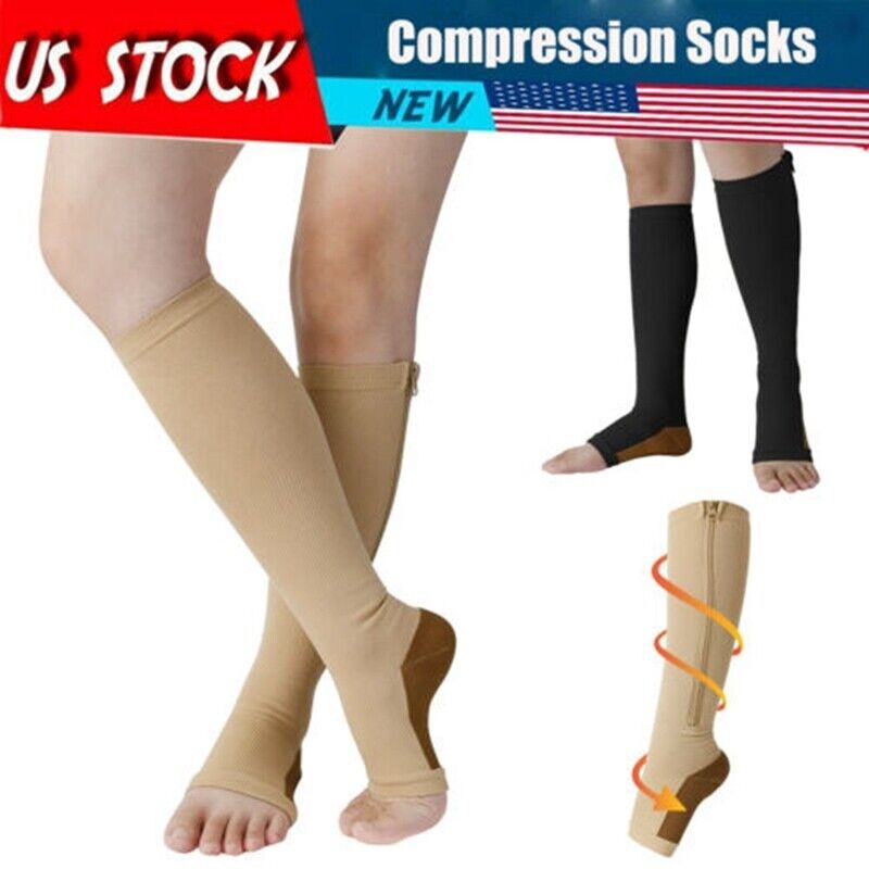 1/3Pair Open Toe Compression Socks 20-30mmHg No-wrapped Toe Stockings w/ Zipper