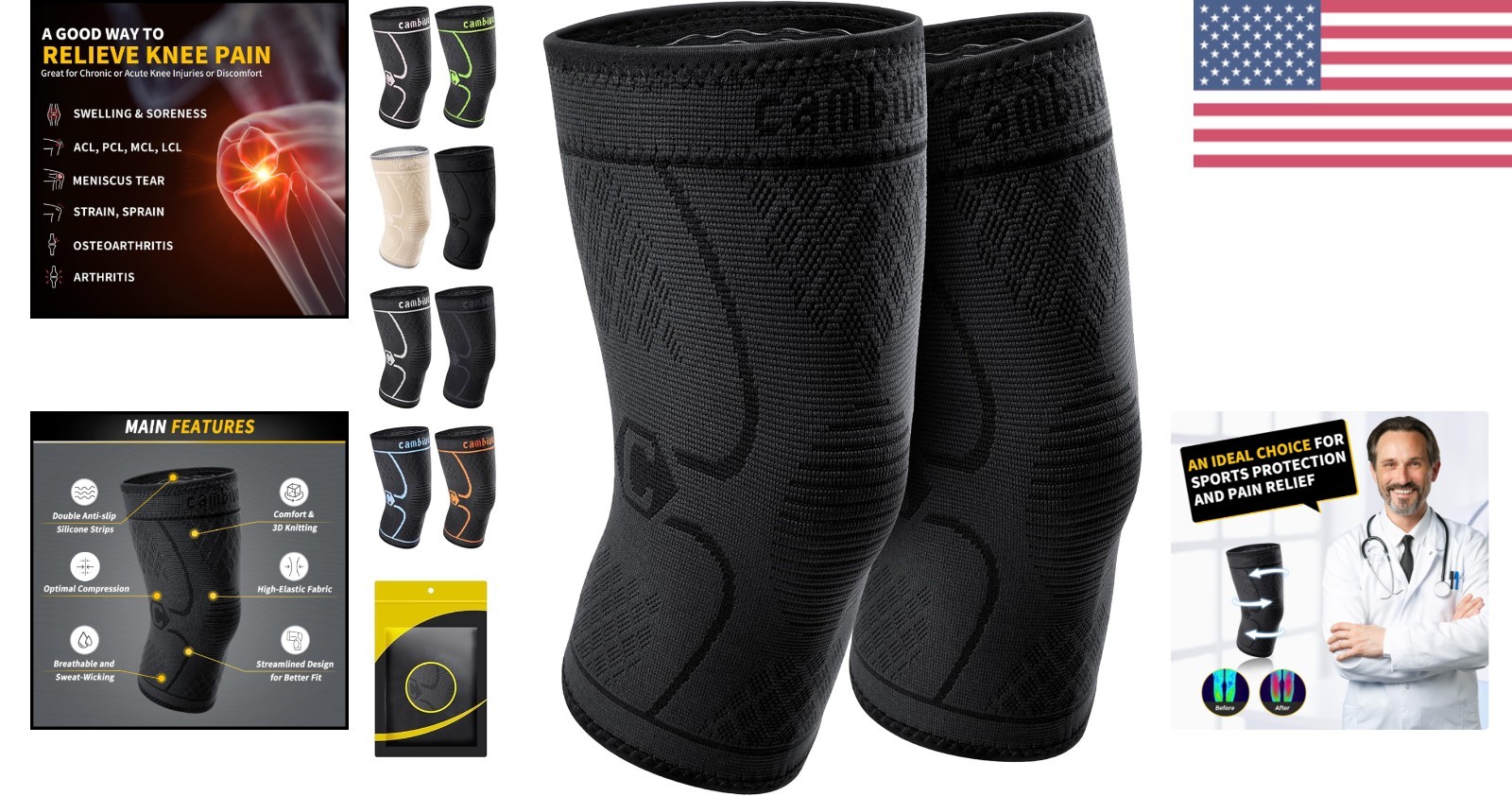 Black Knee Brace Pair – Compression Support with Non-Slip Design, Small Size