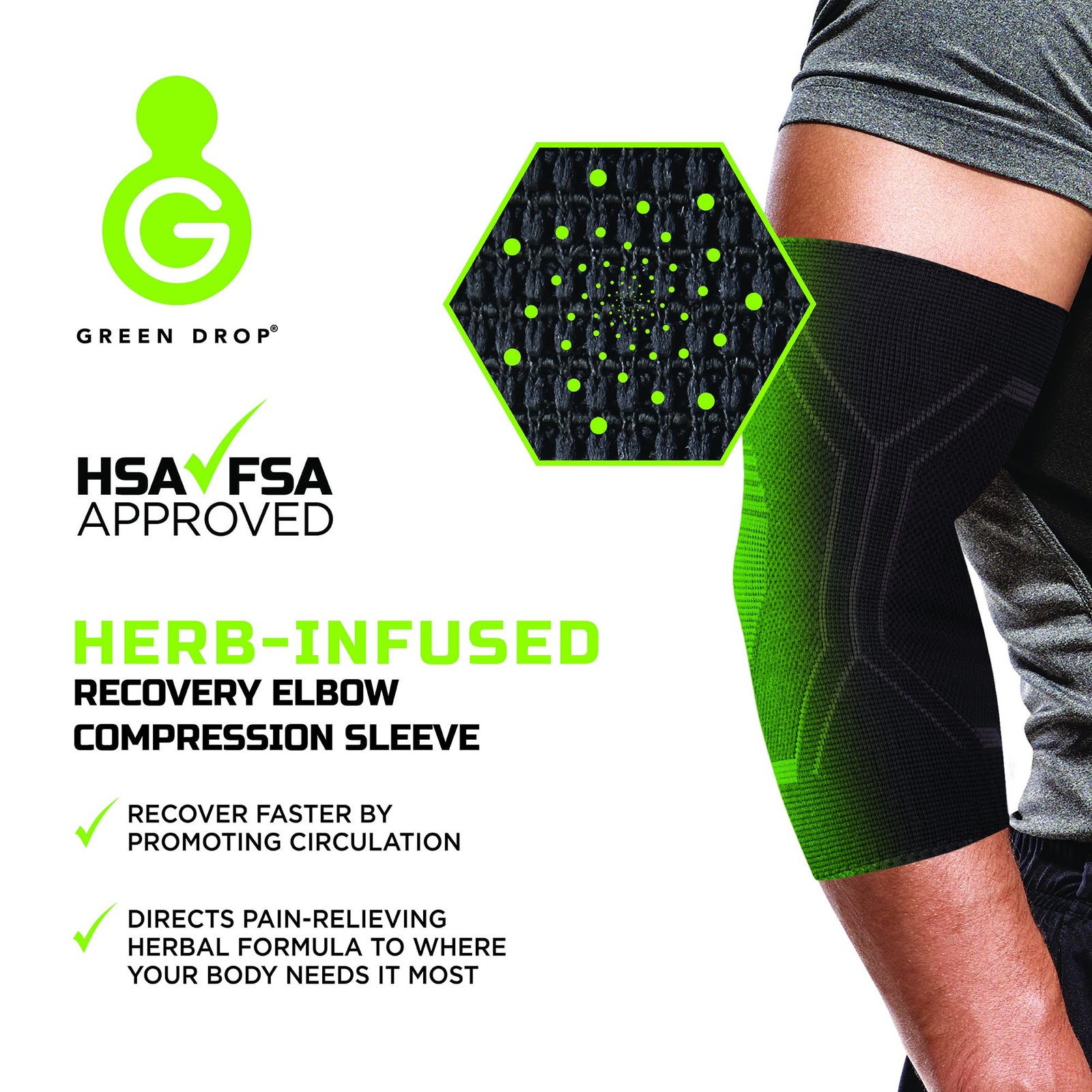 Green Drop Herb-Infused Compression Sleeve for Elbow & Large / X-Large, Black