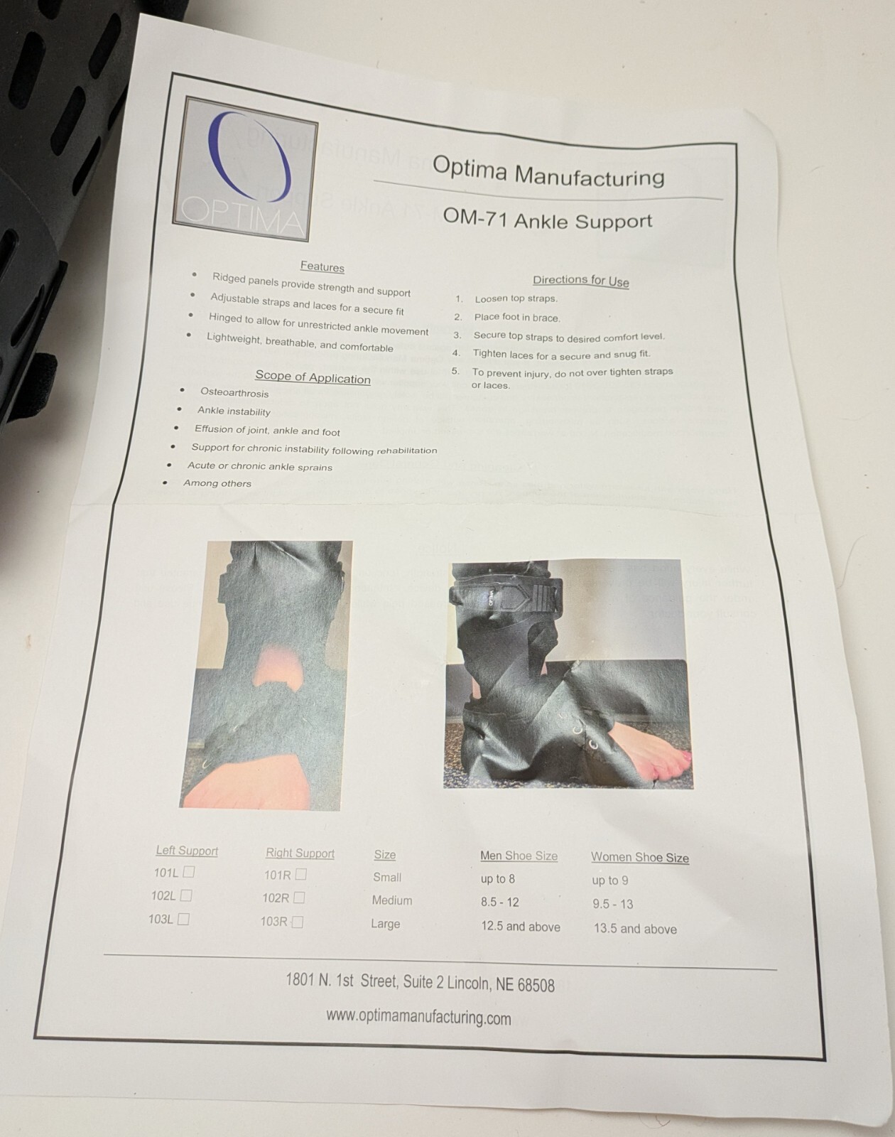 Unisex Optima OM-71 Ankle Support Relief Adjustable Black Brace Small Foot