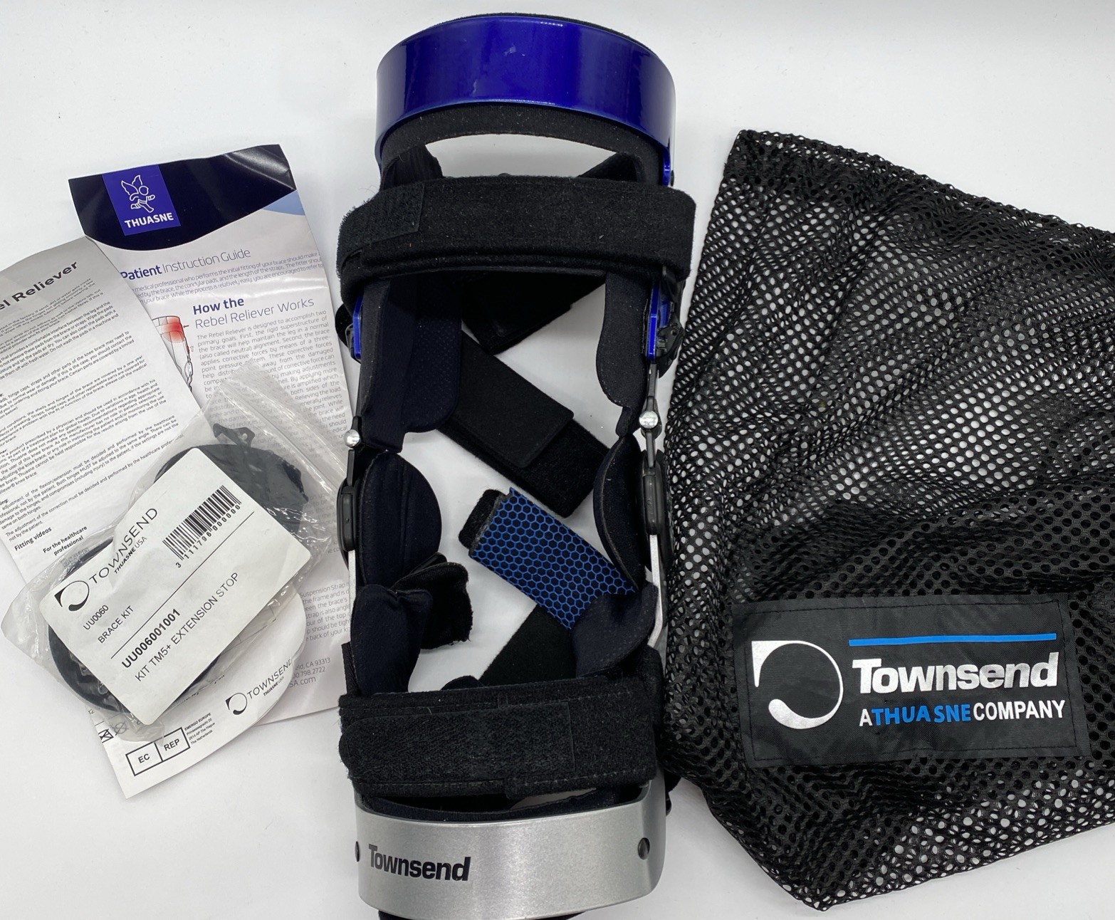 Townsend Thuasne Rebel Reliever Right Knee Brace & Bag Size Small Blue Silver