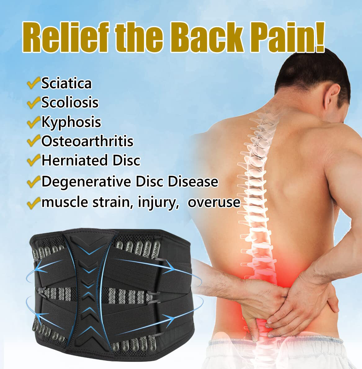 Lower Back Support Brace Lumbar Waist Belt Scoliosis Work Sciatica Pain Relief