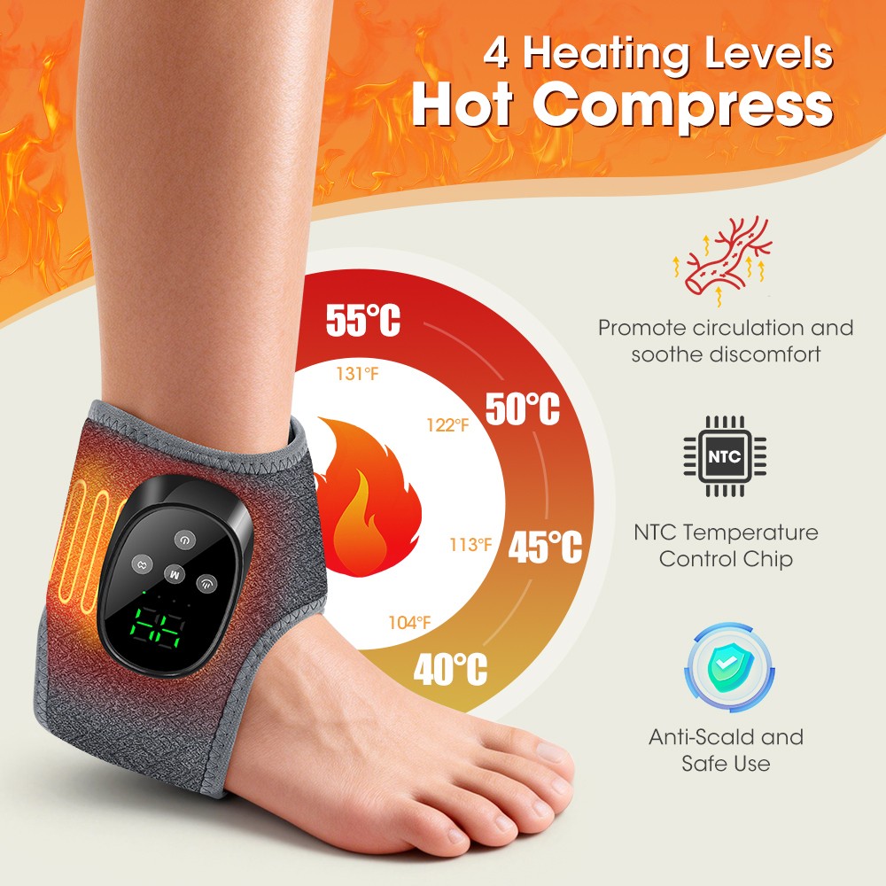 Cordless Ankle 4 Mode Heating & Vibration Ankle Massager Wrap for Pain Relief