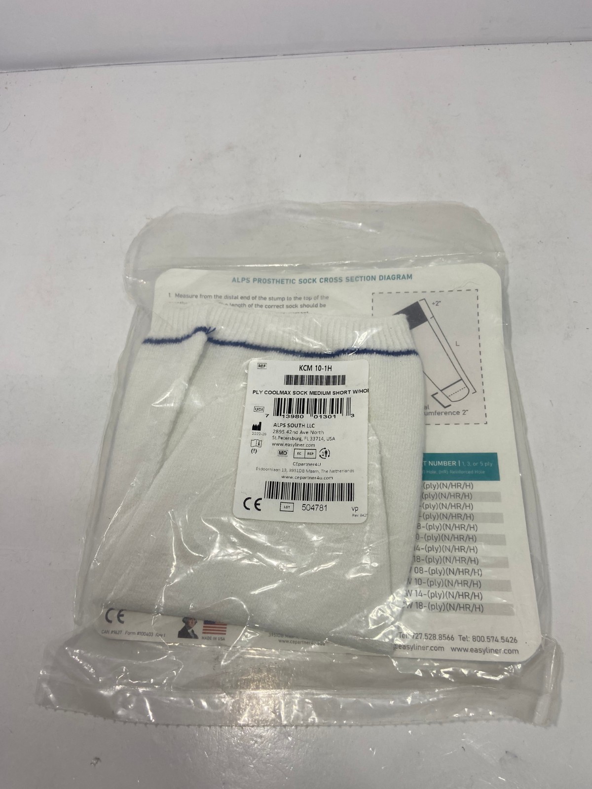 🍉 ONE NEW ALPS Prosthetic Coolmax Sock Medium With Hole KCM 10-1H