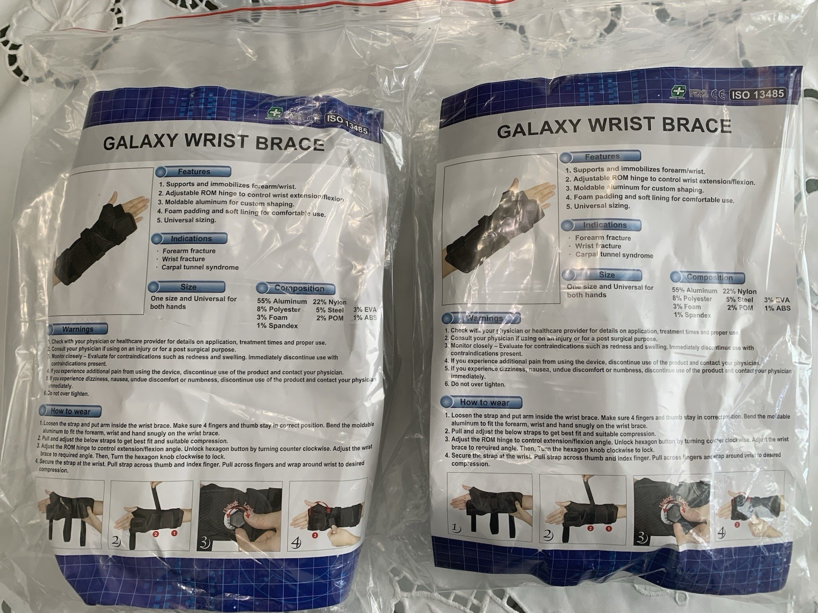 Two Galaxy Wrist Braces One Size Immobilizer Adjustable ISO 13485 Brand New