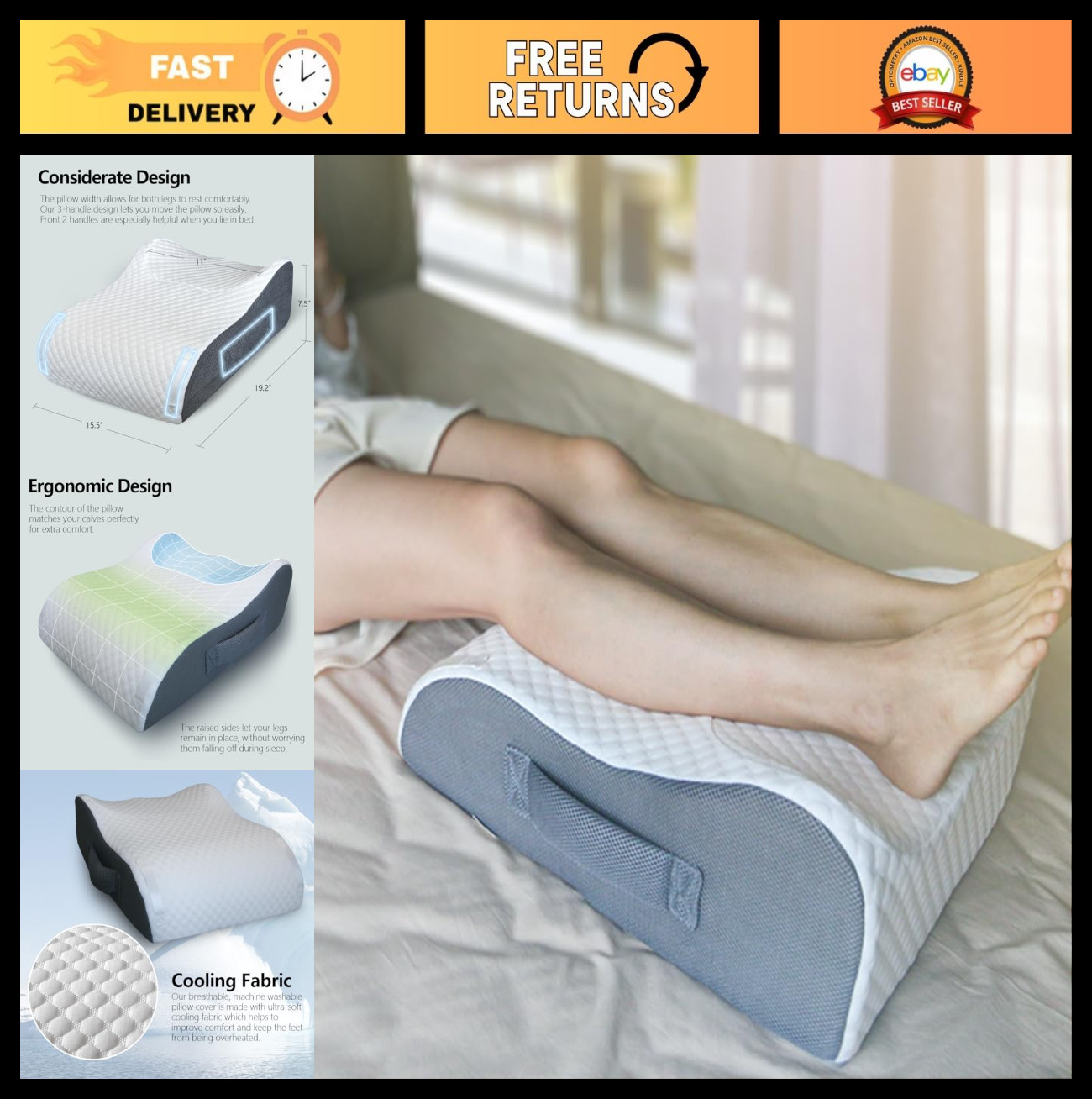 Leg Elevation Pillow – Memory Foam Knee/Ankle Support, Cooling Fabric, Post-Surg