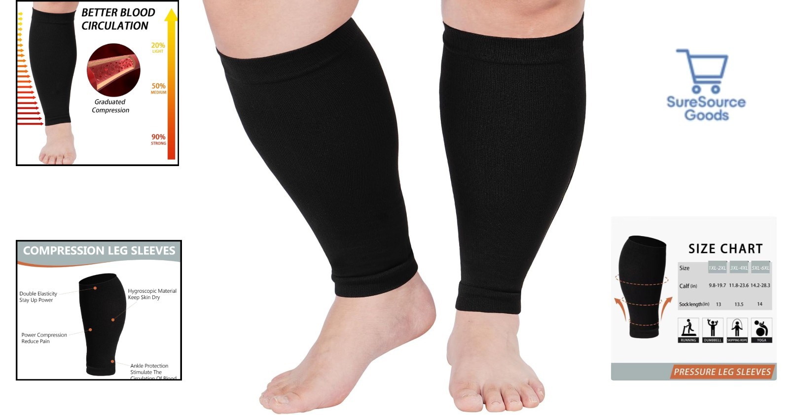 Black Plus Size Knee High Compression Sleeves 15-20mmHg for Travel & Fitness
