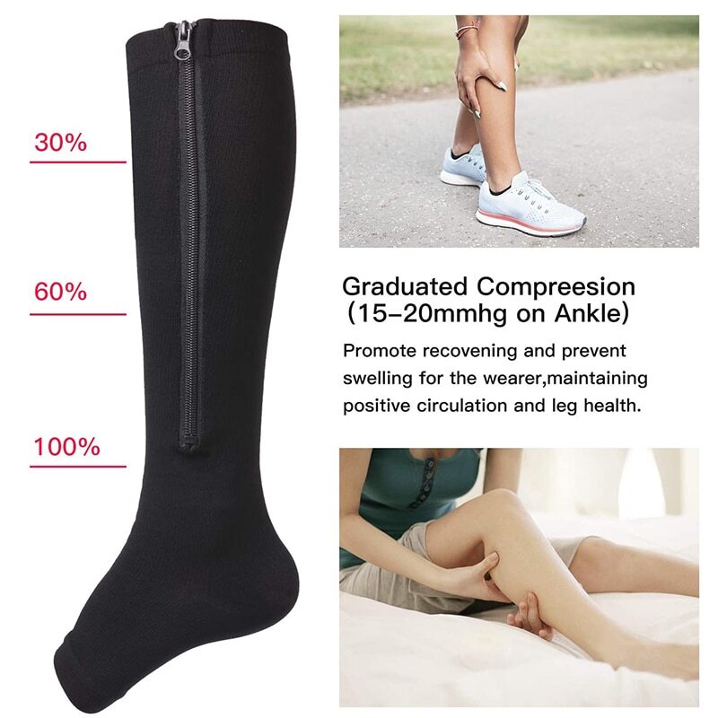 1 Pair Zipper Compression Socks Support Graduated Stockings Mens Women 20-30mmHg