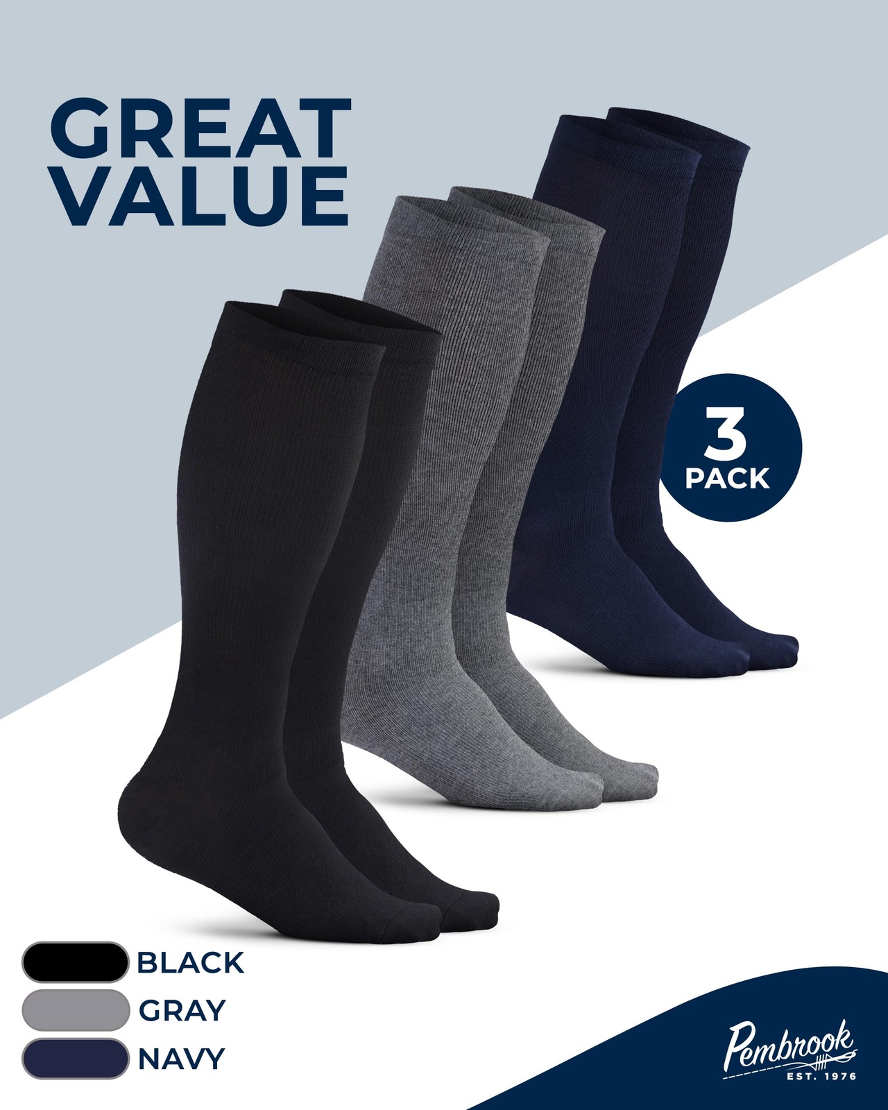 Pembrook Cotton Light Compression Socks for Women & Men – 3 Pairs | 8-15 mmHg