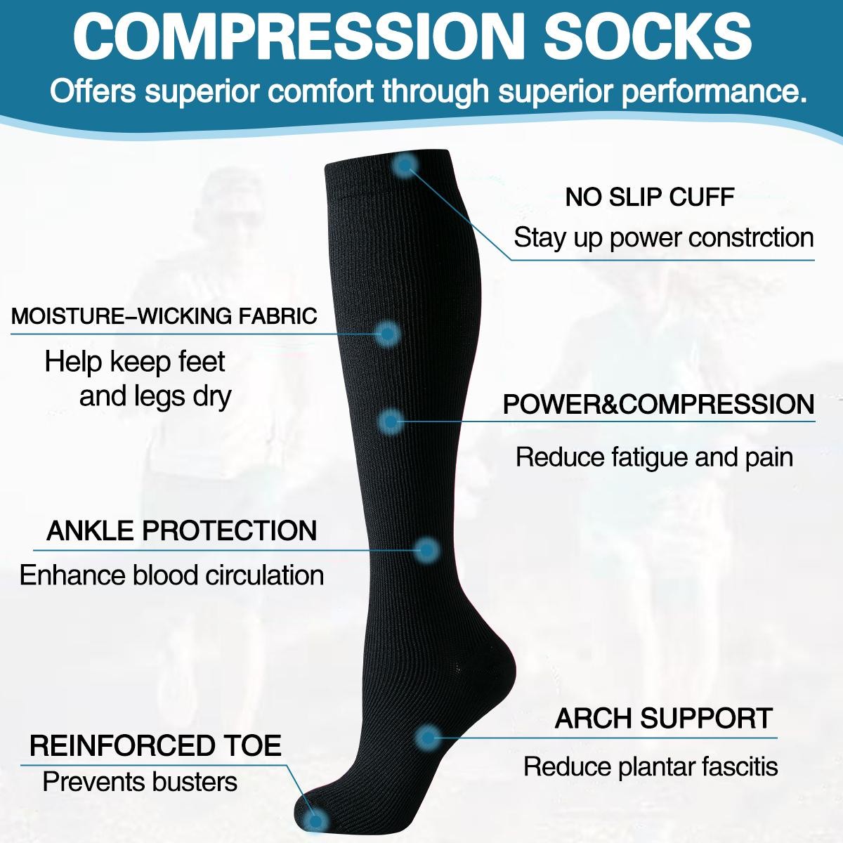 6 Pairs Compression Socks Women Men Knee High Nurse Support Stockings Black