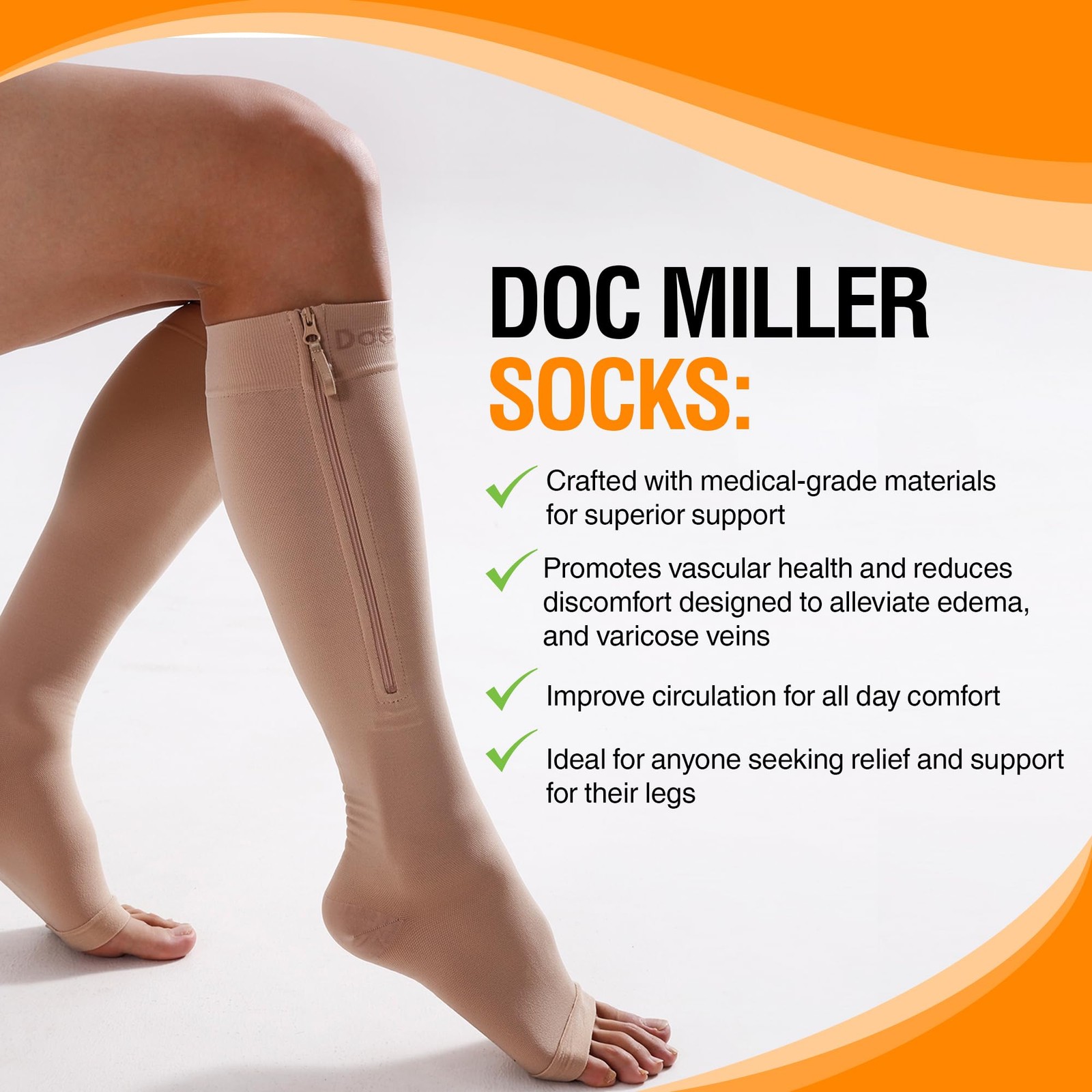 Doc Miller Compression Socks with Zipper 15-20 mmHg for Women & Large, Beige