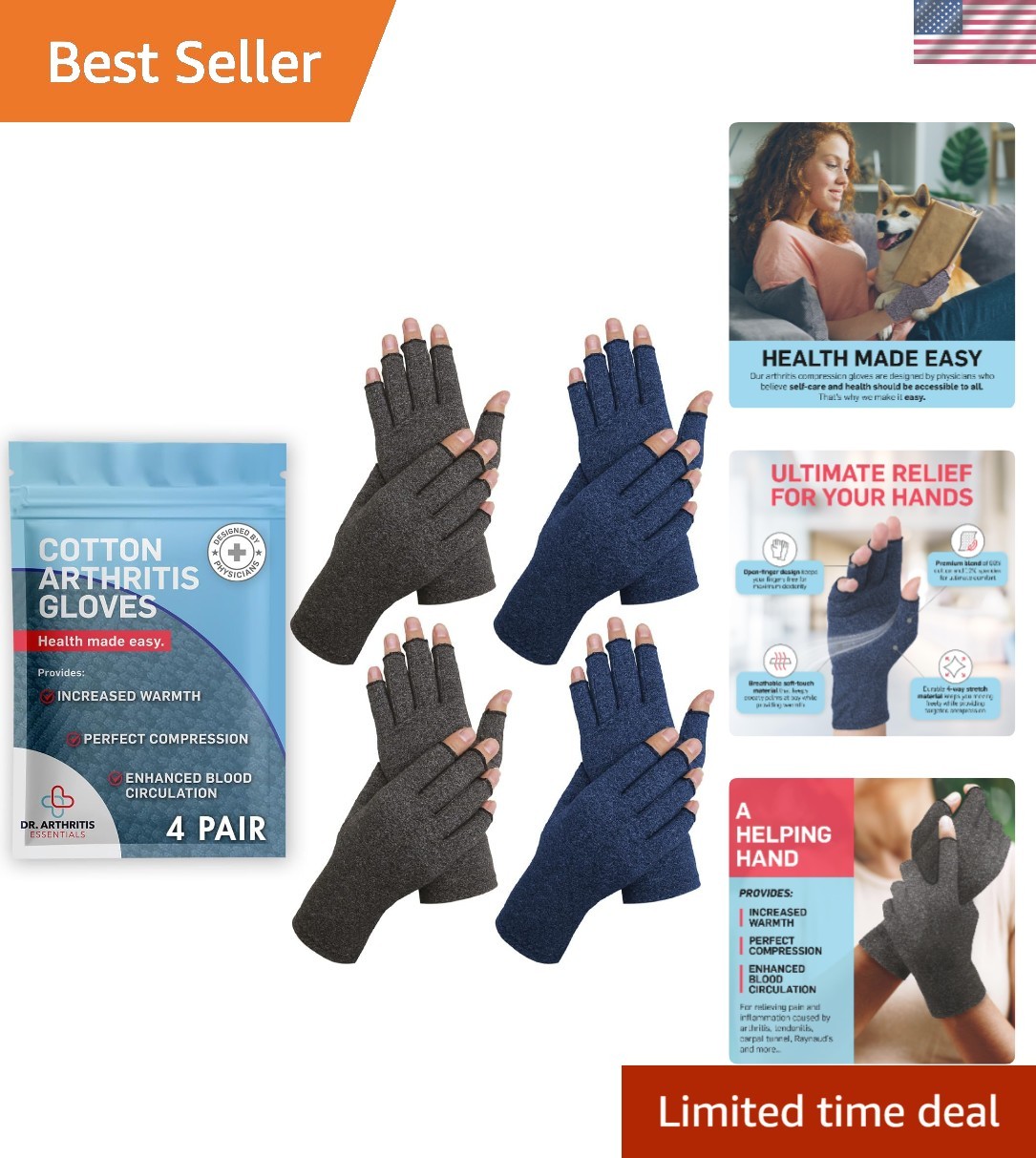 Doctor Developed Open-Finger Compression Gloves for Arthritis Relief, Small Size