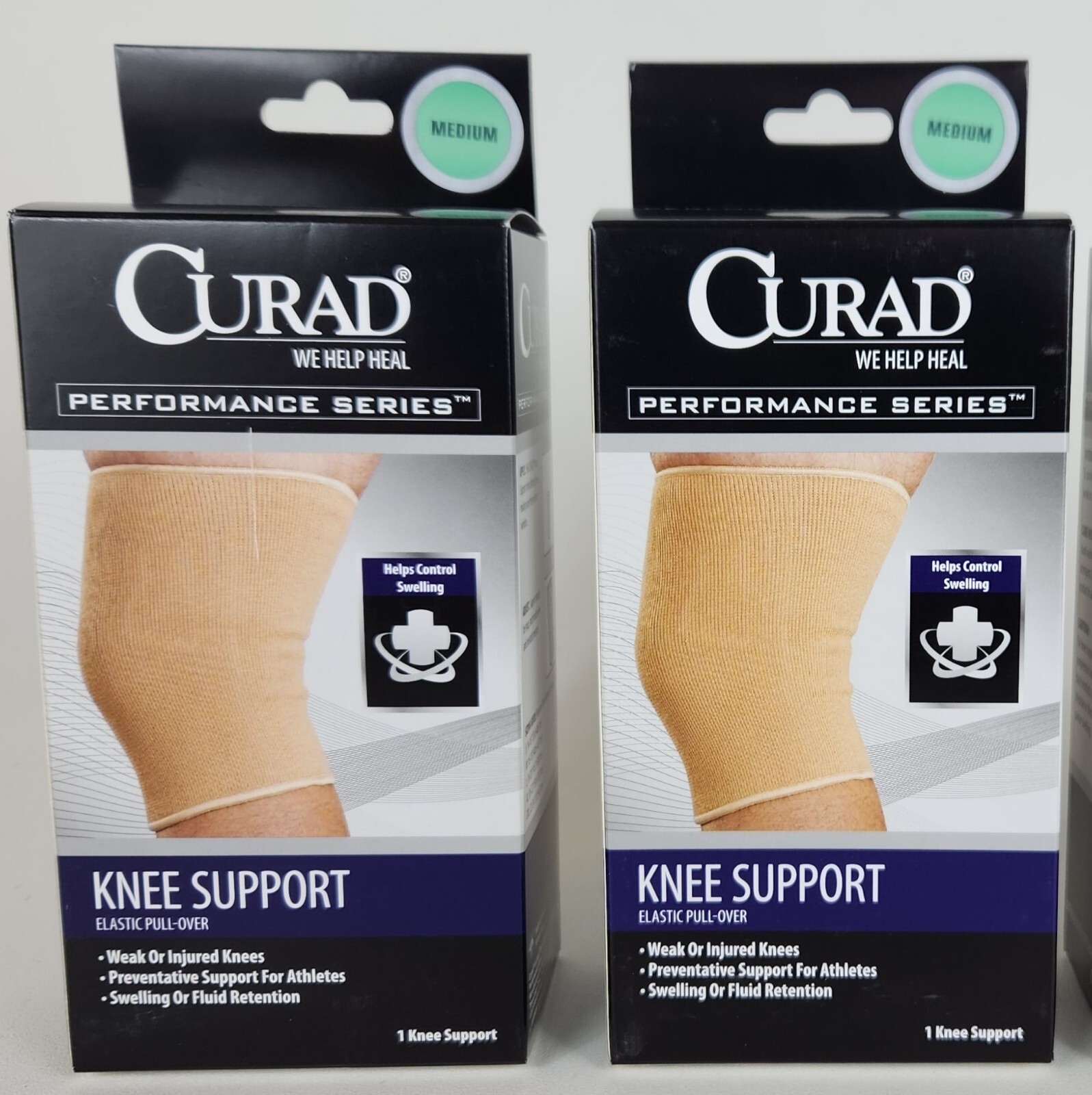 TWO Curad Elastic Pull-Over Knee Supports Size- Med fits 16-18″ (ABOVE Knee Cap)