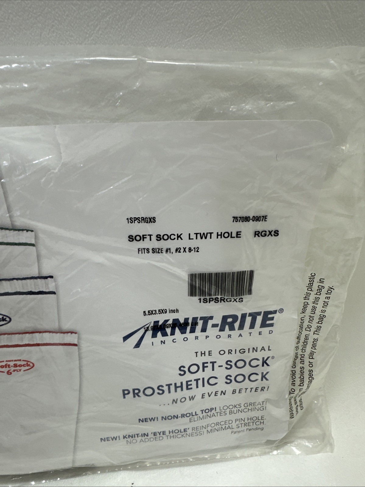 Knit-Rite Prosthetic Soft Sock Size #1 #2 8-12 LTWT Hole 1SPSRGXS Lightweight