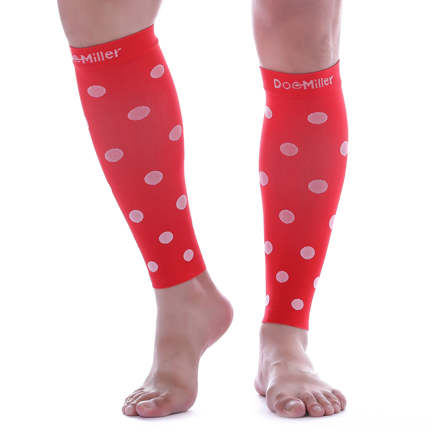Calf Compression Sleeve 1 Pair Doc Miller 20-30 mmHg Varicose Polka Dots RED/WHT