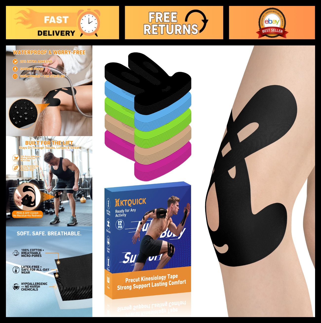 Precut Kinesiology Tape for Knee Pain Relief – 12PCS Athletic Sports Tape, Water