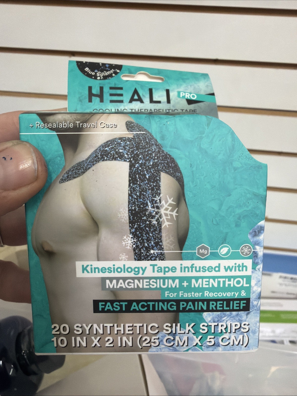 Heali Kinesiology Tape Infused Magnesium Menthol Blue Splatter Pre Cut Sealed