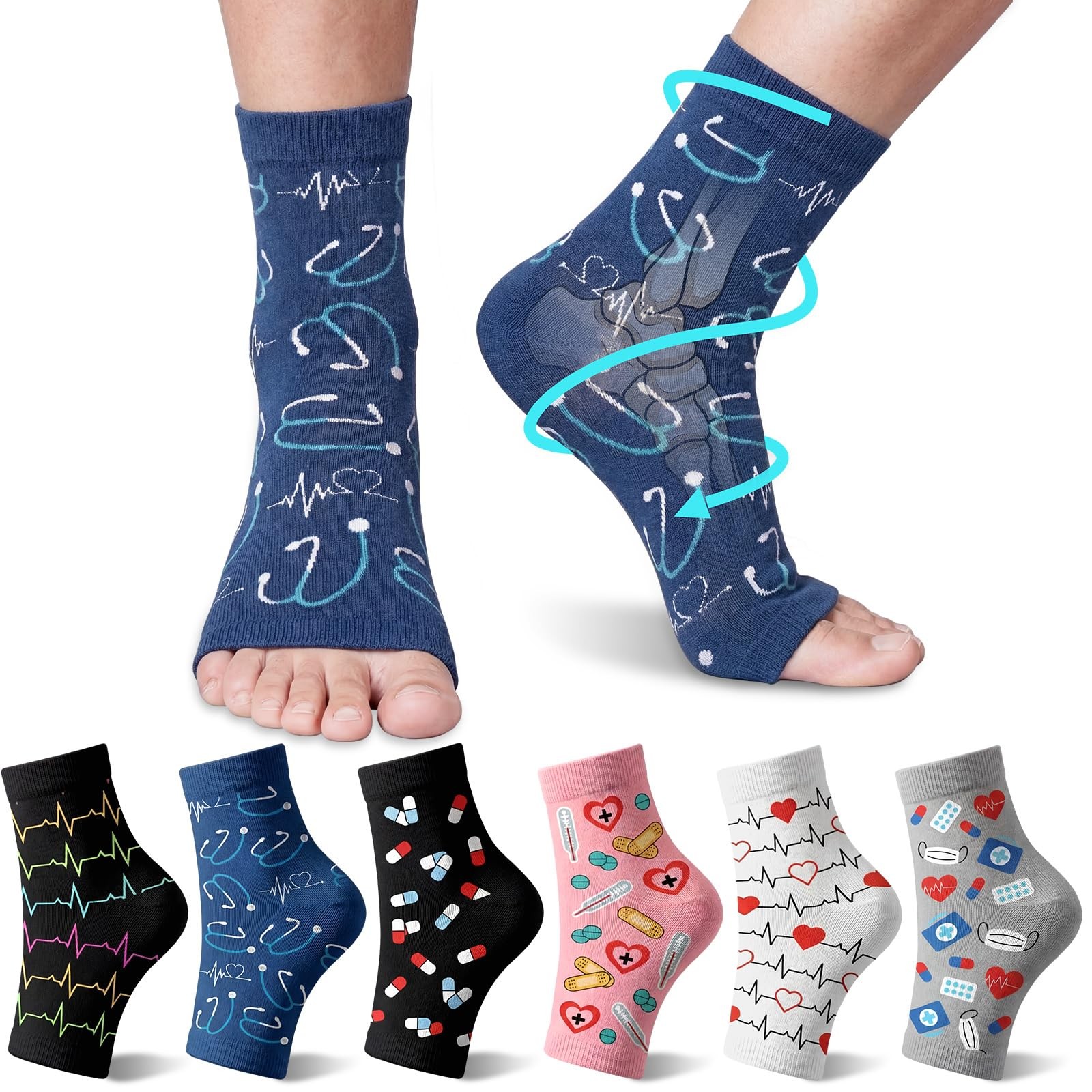Hercicy 6 Pairs Nurse Plantar Fasciitis Socks one size fits all, multicolor