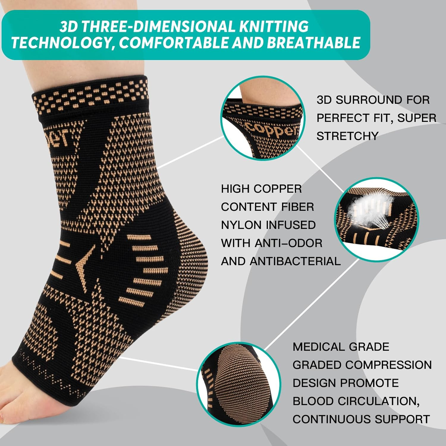Ankle Brace 2 Pack Copper Infused Compression Sleeve for Pain Relief & Support