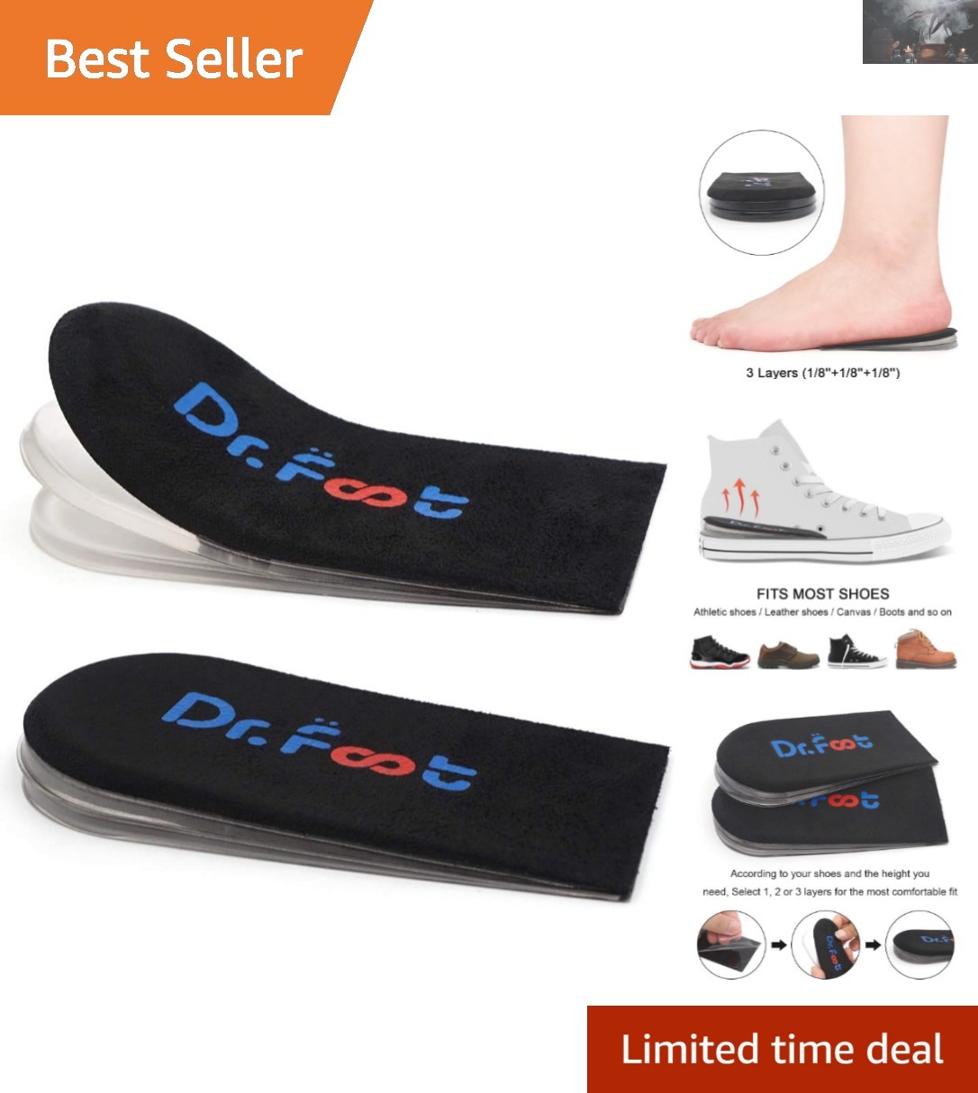 Washable Orthopedic Heel Lift Insoles for Men & Women – Pain Relief & Comfort