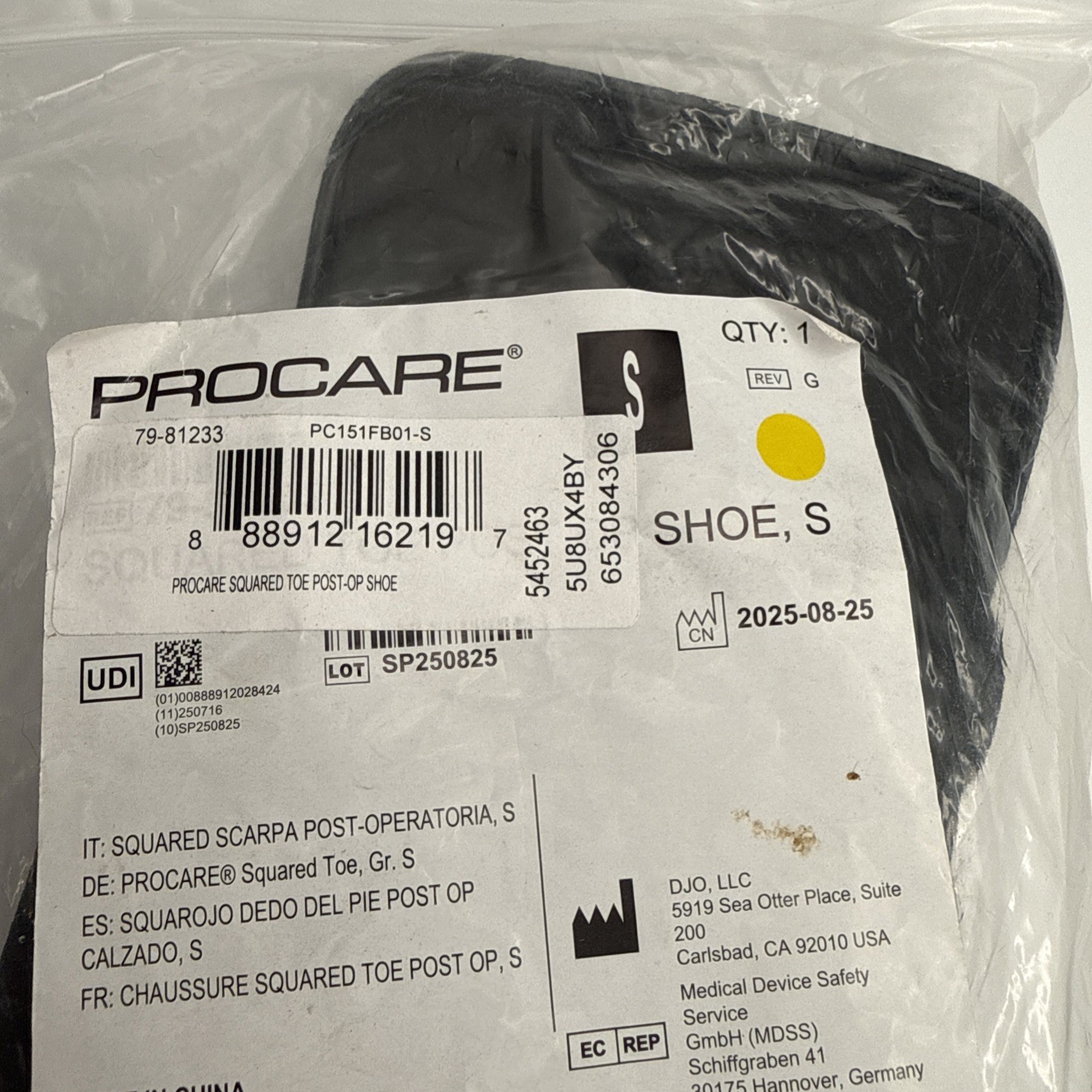 ProCare Squared Toe Post-Op Shoe Small Black 79-81233 DJO New Sealed PC151FB01-S
