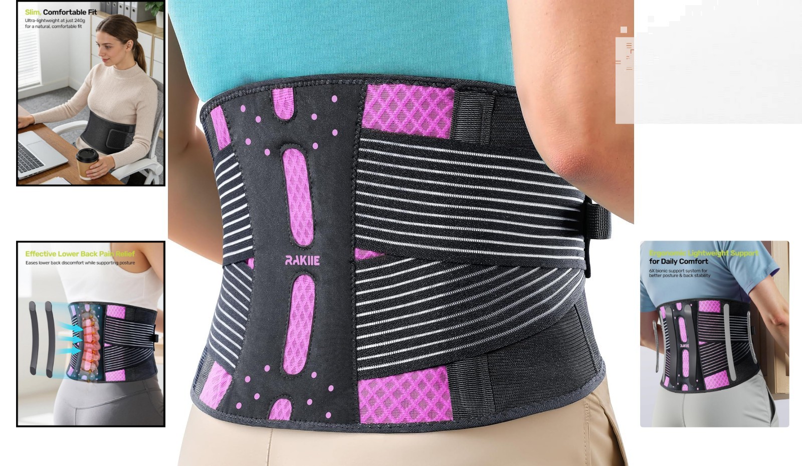 Lightweight Ergonomic Back Support Brace for Pain Relief – Breathable & Pink XXL