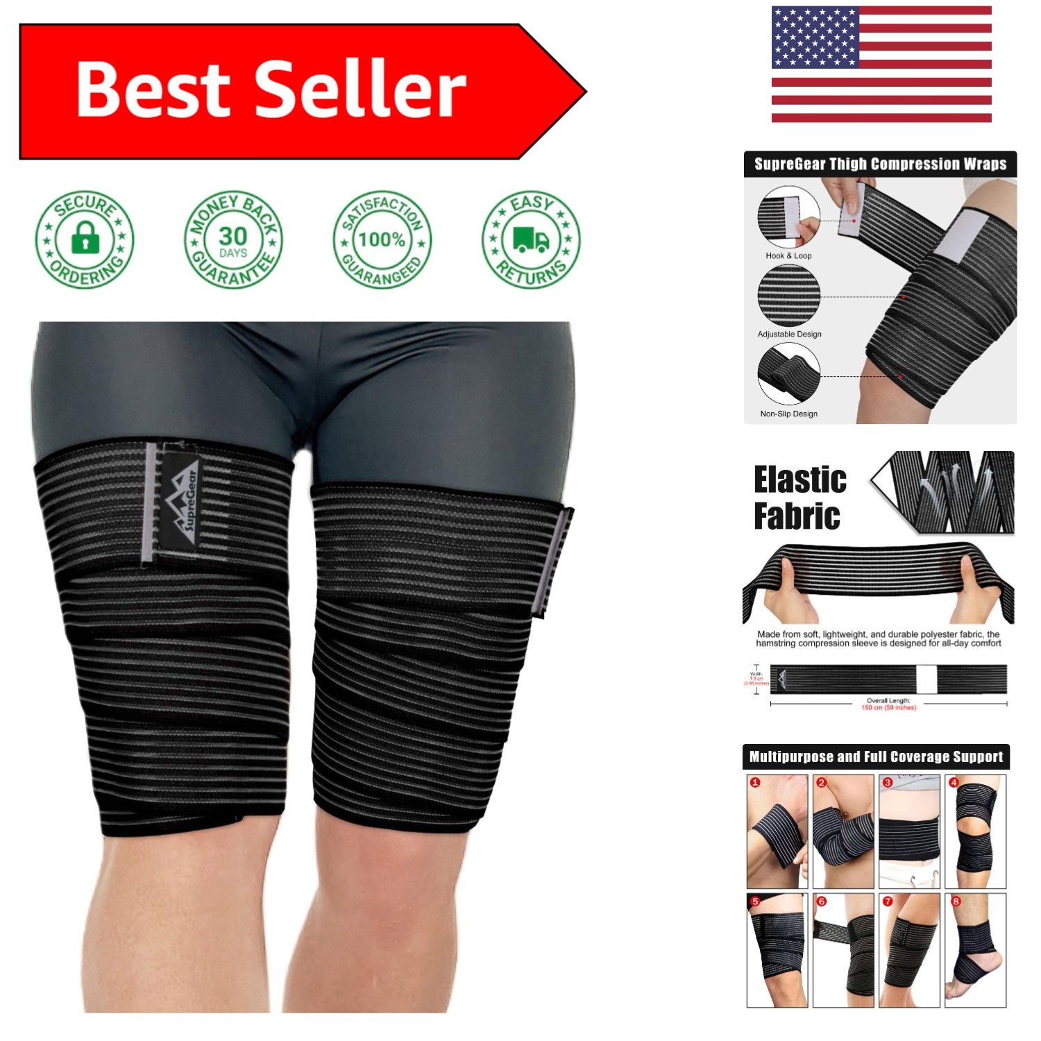 Versatile Compression Wraps for Legs – Adjusts for Men and Women, Black, 2 Pcs