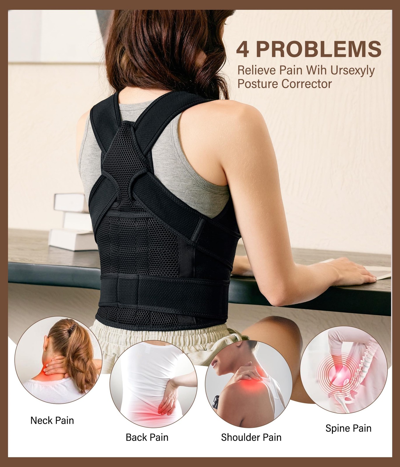 URSEXYLY Back Brace Posture Corrector for Women and Men, Medium, Black
