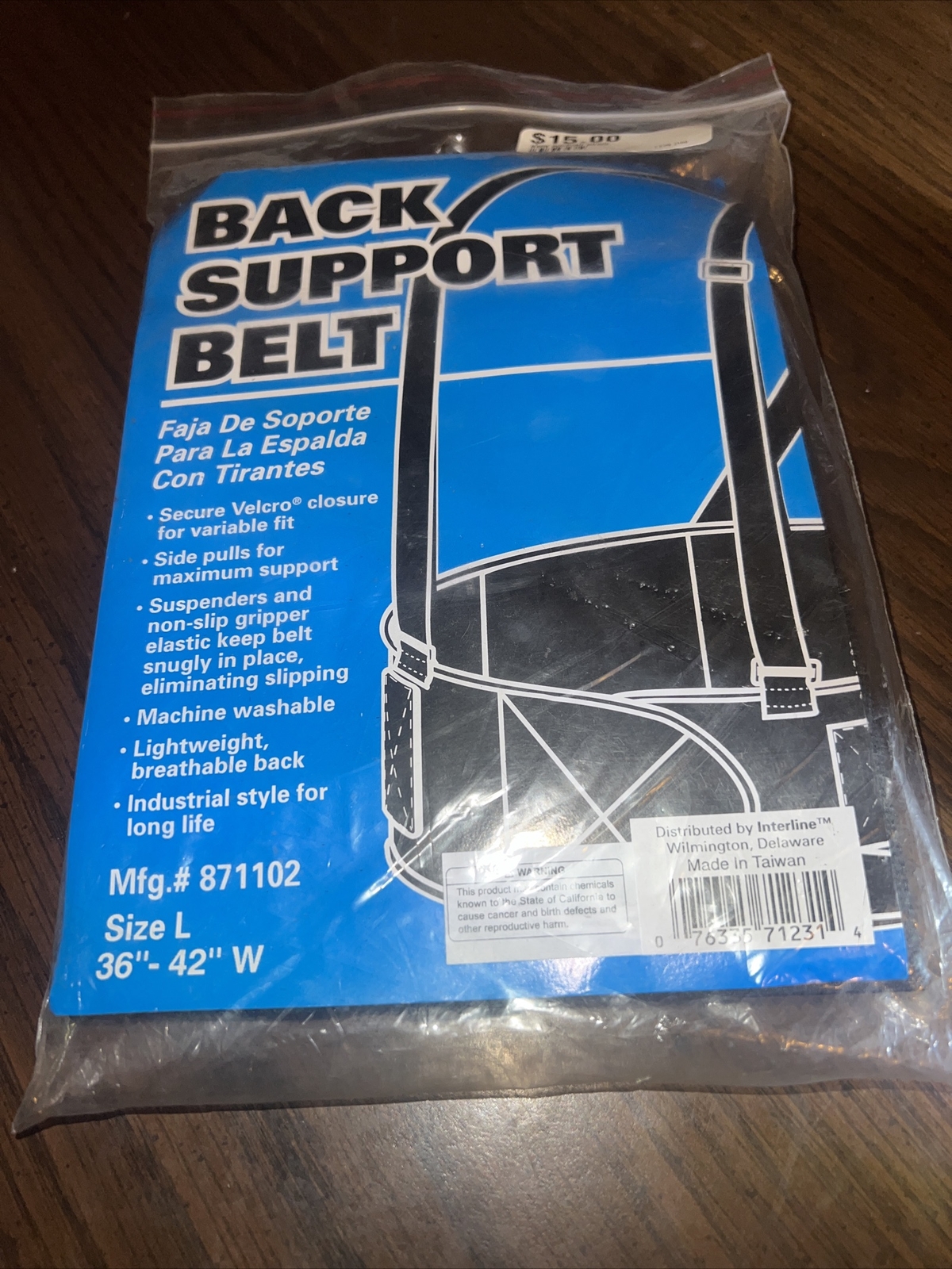 Interline Back Support Belt Heavy Lift Brace Suspenders Adjustable Strap 36-42 W