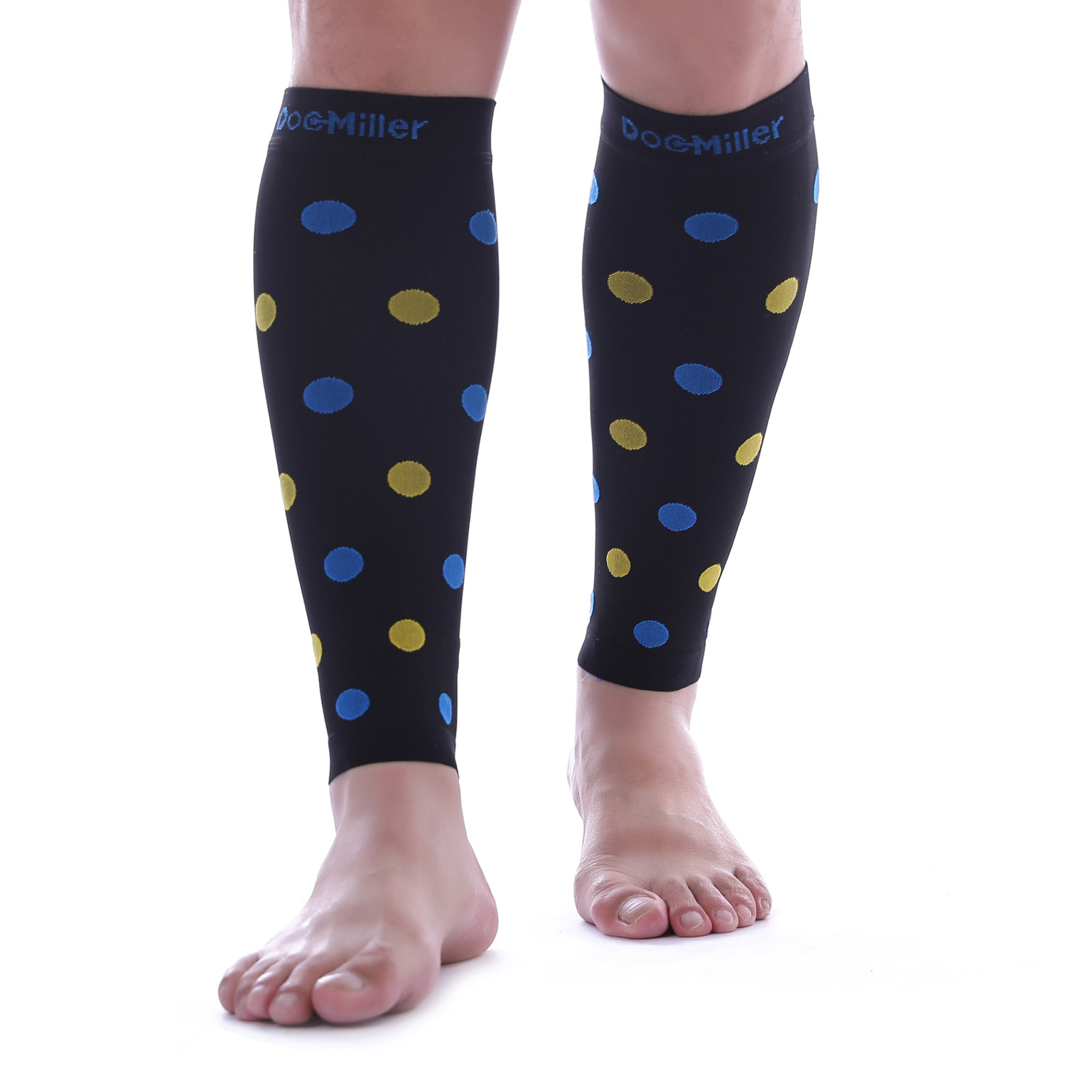 Doc Miller Calf Compression Sleeve 1Pair 20-30mmHg Varicose Polka Dot BLK/BLUYLW