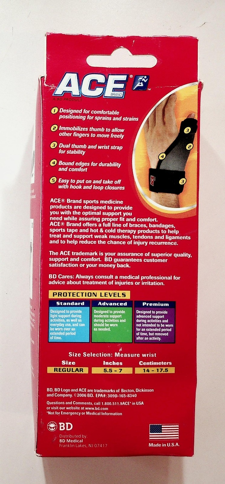 ACE Thumb Immobilizer Regular 206975 Antimicrobial Brace New