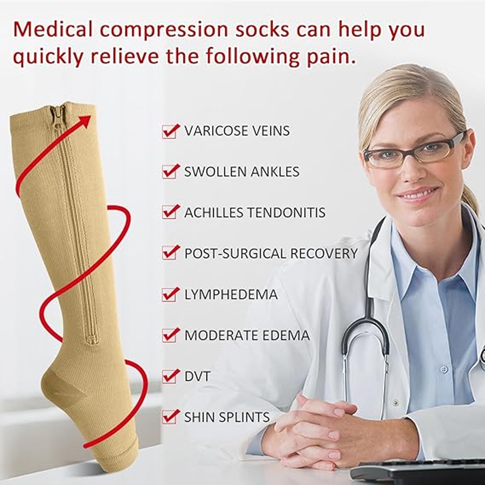 3 Pair Compression Socks Zippered Open Toe 30-40mmHg with Zipper Safe Protection