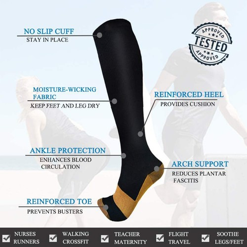 3 Pairs Copper Compression Socks Knee High 20-30mmHg Energy Support Recover New