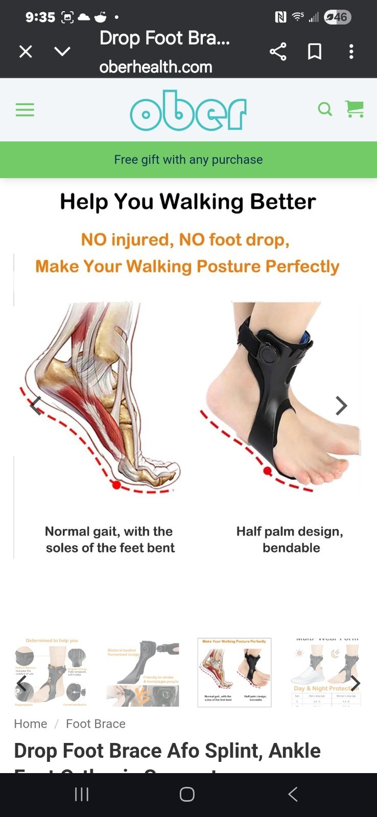 Ober FO-119 Drop Foot Brace Adjustable Black Lightweight Design