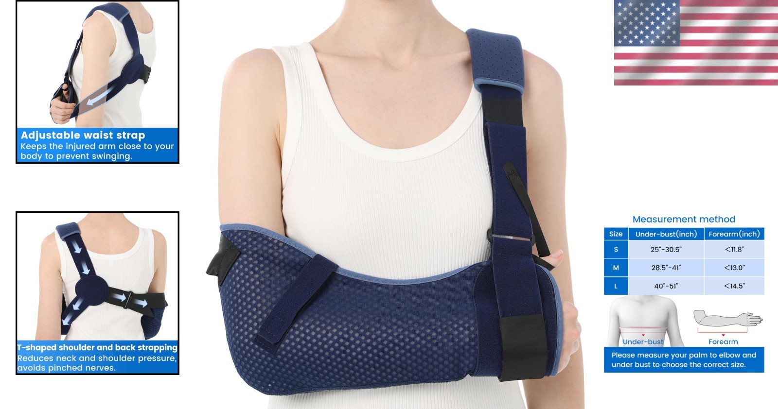 Adjustable and Comfortable Arm Sling for Rotator Cuff & Elbow Post-Surgery, Blue
