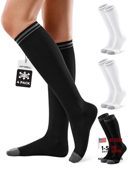 4 Pairs Compression Socks for Women & Men, 15 Small-Medium White*2+black*2