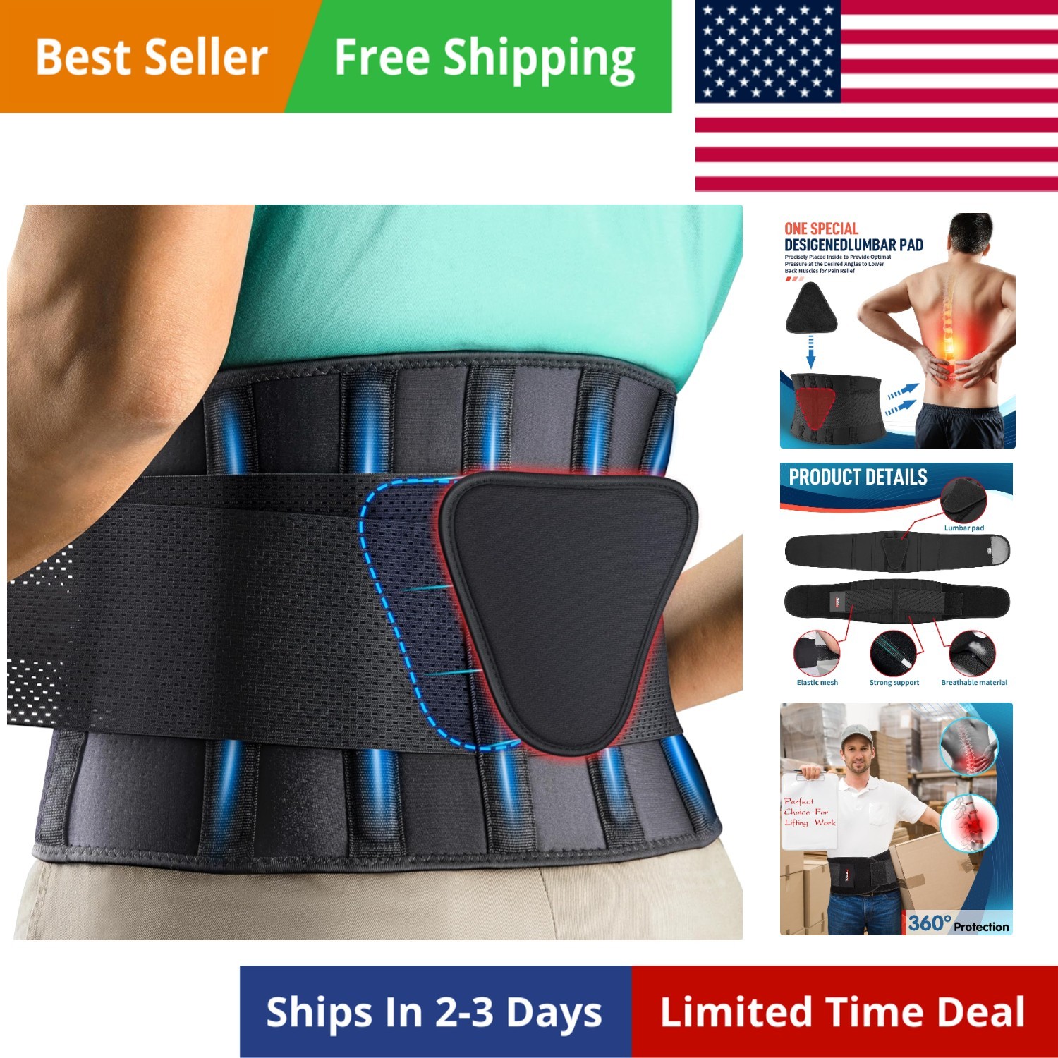 Back Brace Support Belt-Lumbar Support Back Brace for Back Pain, Sciatica, Sc…