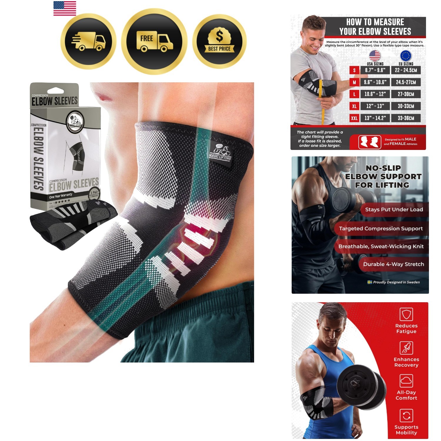 Elbow Compression Sleeves 1 Pair – Elbow Brace for Tendonitis, Tennis & Golfe…